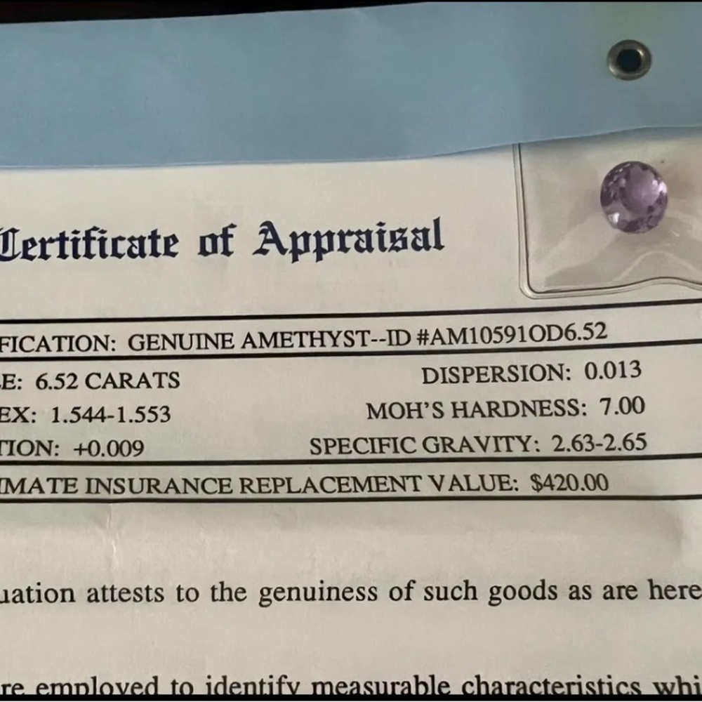 Amethyst Gemstone 6.52 carats Loose Stone with Appraisal of $420.00